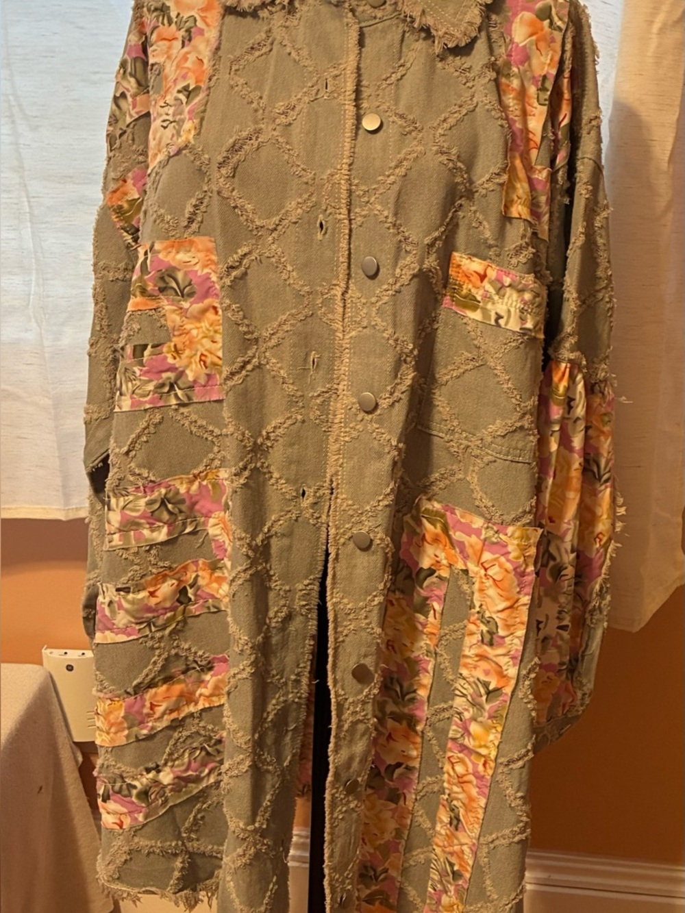 POL Faded Blue Denim Floral Patchwork Long Jacket Size Large